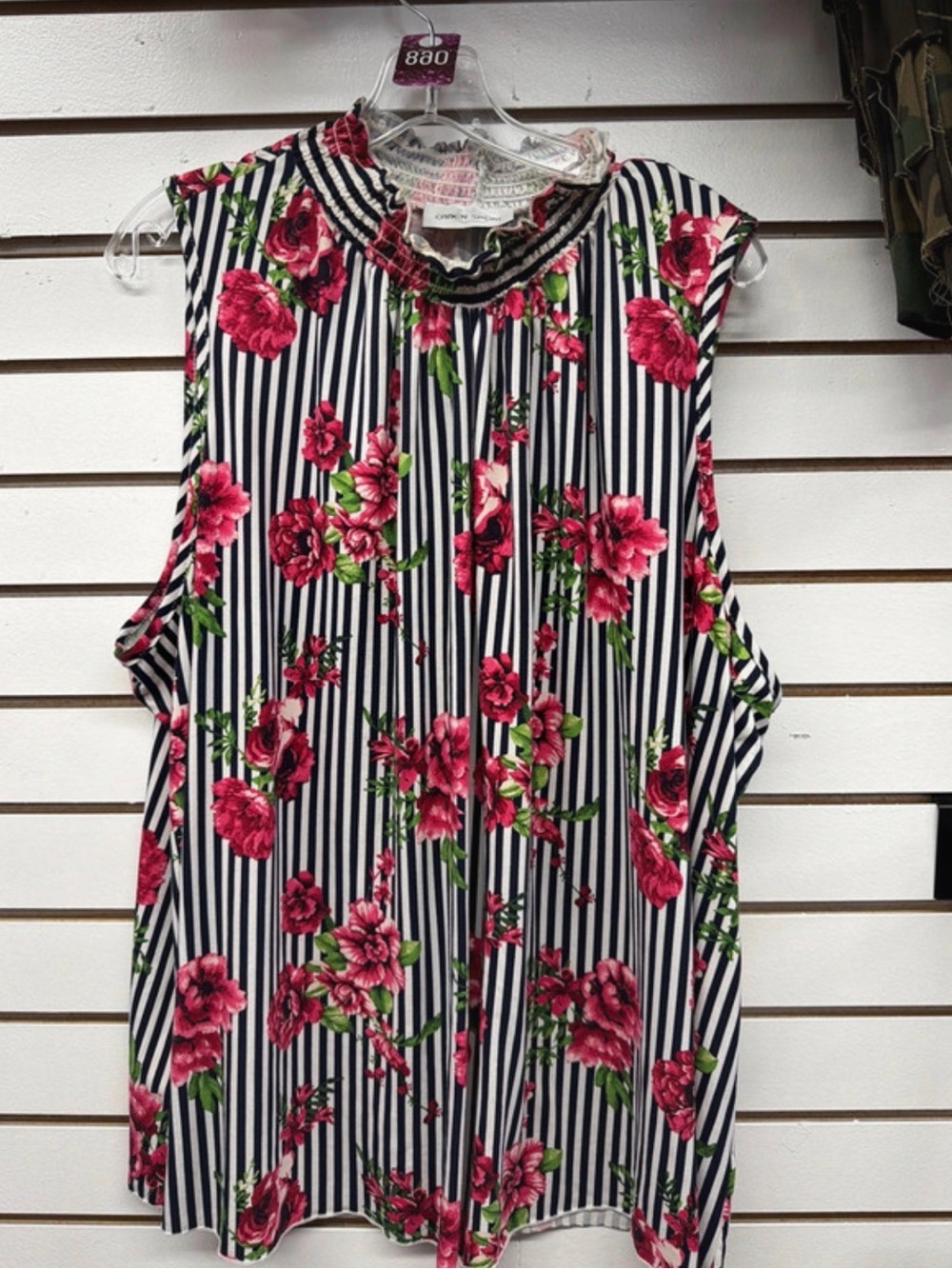 Caren Sport Black & White Striped Floral Sleeveless Blouse Fits Up to 2X